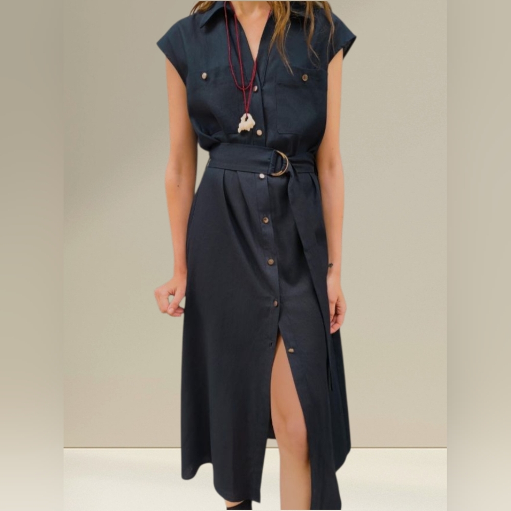 Midnight Blue Midi Linen-blend Shirtdress